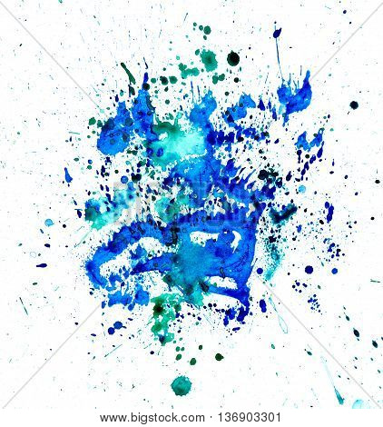 Green bluea watercolour splatter. Blue ink spot blotch isolated. Beautiful watercolor smudges
