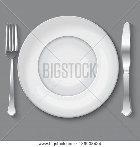 Vector illustration of empty white plate. top view. on grey background. with fork and knife