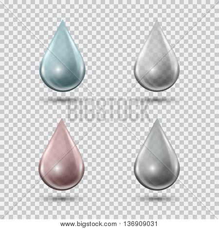 Transparent water drop set on light gray background. Water bubble with glares and highlights. Metal chrome droplet. Abstract vector illustration EPS 10 for your design and business