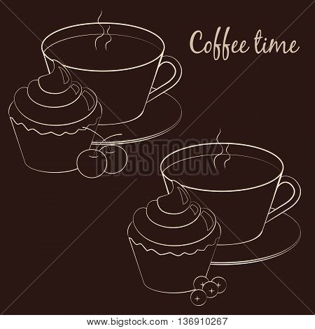 Cup of coffee for coffee break with cupcake and fruit on brown background. Vector illustration.