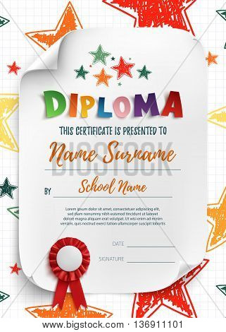 Diploma template for kids, certificate background with hand drawn stars for school, preschool or playschool. Vector illustration.