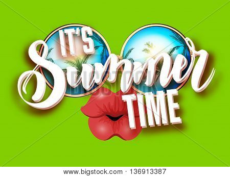 Summer lettering design with sunglasses and kissing full lips. Bright design with hand written Its summer time words. Vector Illustration on colorful background with white clouds.