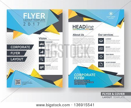 Multipurpose corporate business flyer layout design. Suitable for flyer brochure book cover and annual report. blue and yellow color in A4 size template background with bleeds. Vector illustration
