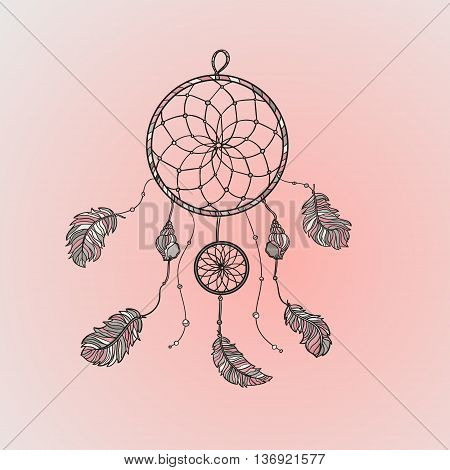 Hand drawn native Indian-American dream catcher. Zentangle isolated dream catcher. Boho styled. Vector.