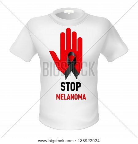 White t-shirt with sign stop melonoma. Red hand with black ribbon