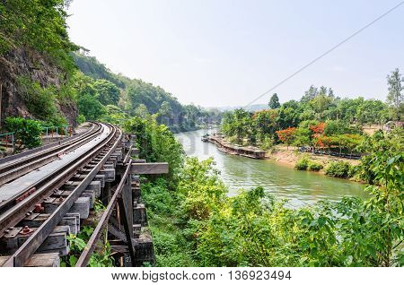 Beautiful landscape Death Railway bridge over the Kwai Noi River at Krasae cave in Kanchanaburi province Thailand