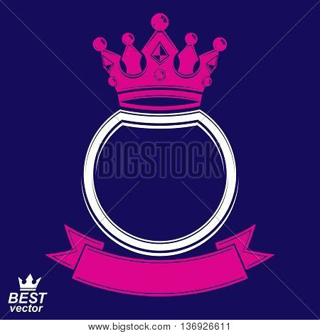 Vector ring with 3d imperial crown and festive ribbon luxury coat of arms. Heraldic symbol best for graphic and web design. Monarch theme.