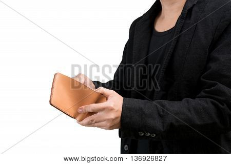 Businessman wearing a black suit hands holding open wallet
