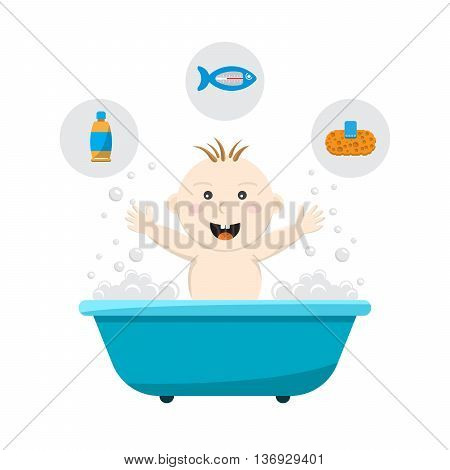 Baby bathing in a small bath with bath foam and soap bubbles. A joyful baby takes a bath body hygiene of the infant. Game baby in the bath water.