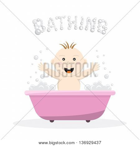 Baby bathing in a small bath with bath foam and soap bubbles. A joyful baby takes a bath body hygiene of the infant. Game baby in the bath water.