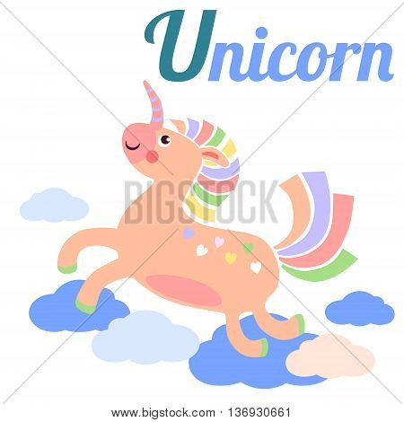 Cute animal alphabet for ABC book. Vector illustration of cartoon unicorn. U letter for the Unicorn