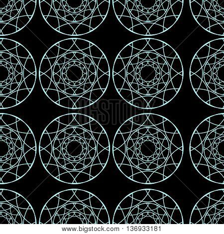 Seamless geometric ornament with turquoise circles. Illustration on a black background