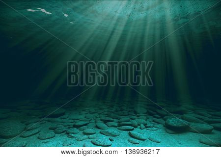 Stones and sunrays under water. 3D Rendering