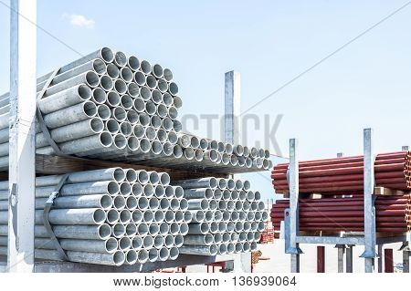 Stack Of Steel Pipes For Scaffolding In Stock.
