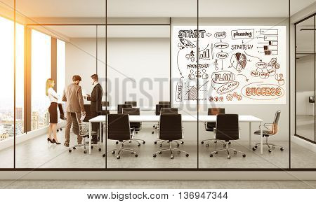 Success concept with business sketch on whiteboard in furnished conference room interior with discussing businesspeople New York city view and sunlight. 3D Rendering