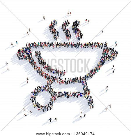 Large and creative group of people gathered together in the shape of barbecue m B-B-Q . 3D illustration, isolated against a white background.