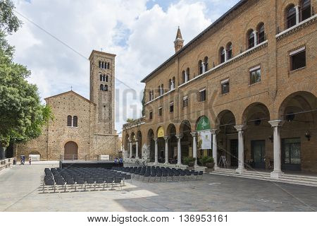 RAVENNA,ITALY-AUGUST 21,2015:front view of the Sanint Francis church in Ravenna-Italyduring a cloudy day .