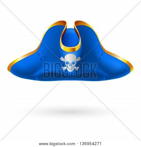 Blue cocked hat with pirate symbol of skull and crossed bones