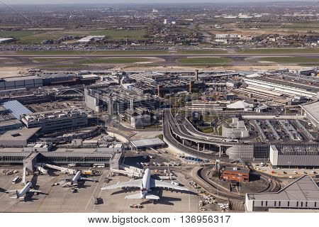 LONDON UK - APR 20 2016: Aerial view of the London Heathrow international airport. Hillingdon England United Kingdom.