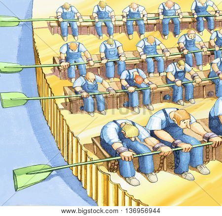 boat becomes a coin pushed by workers to the chains