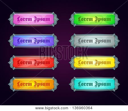 Colorful shiny horizontal game templates on dark background, vector game assets for epic GUI