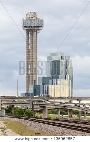 DALLAS TX USA - APR 18 2016: The famous Reunion Tower with a 171 m high observation deck in Dallas Downtown