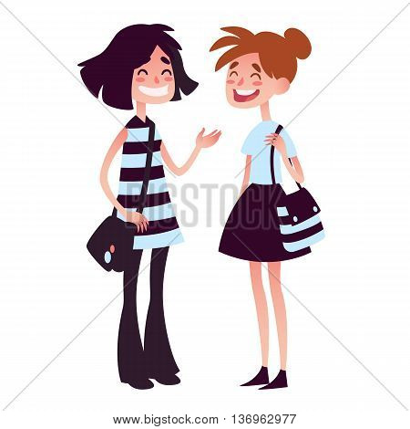 Two girls talking and laughing. Vector illustration of two girlfriends in flat style isolated on a white background. Friendship.