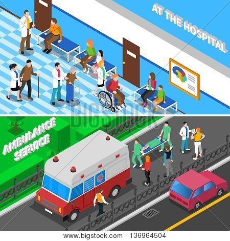 Hospital emergency department entrance with ambulance and waiting room for patients 2 isometric banners isolated vector illustration
