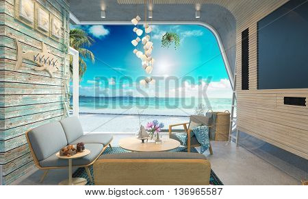 Beach house on sea view 3d rendering