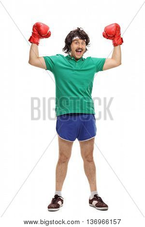 Full length portrait of a retro boxer with red boxing gloves isolated on white background