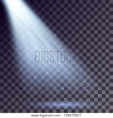Blue rays from spotlight with shining particles on transparent background.