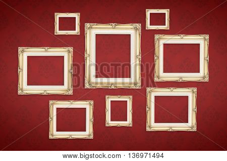 Vintage Photo Frames With Thai Pattern At Red Background,template Mock Up For Adding Your Picture