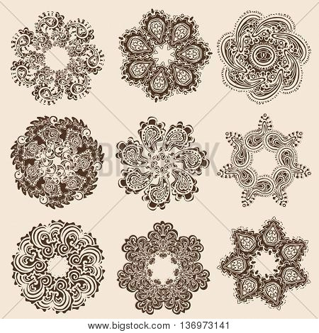 Vector set of hena round patterns mandalas. Yoga logos geometric circle element. Decorative floral ornaments. Oriental flourish design