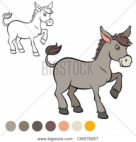 Coloring page. Color me: donkey. Little cute donkey stands and smiles.