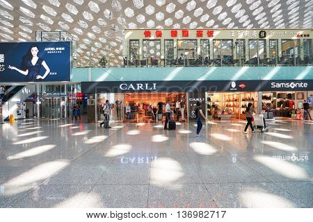 SHENZHEN, CHINA - CIRCA MAY, 2016: inside of Shenzhen Bao'an International Airport. It is located near Huangtian and Fuyong villages in Bao'an District, Shenzhen, Guangdong, China.