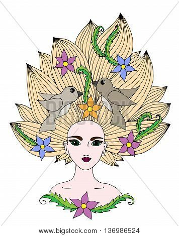 Portrait of girl with long hair with flower and bird. Multicolor art element for adult coloring book page design.