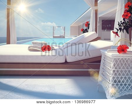 luxury swimming pool in summer. 3d rendering