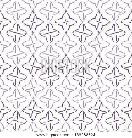 Pattern of violet stylized four-petal flowers set in stripes on white background. Seamless repeat.