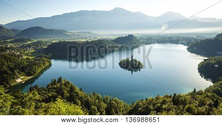 Aerial view of Bled lake in Slovenia