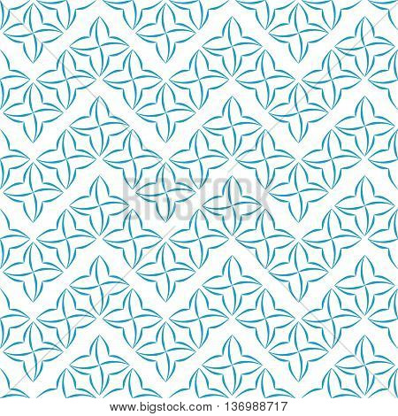 Pattern of blue stylized four-petal flowers set in horizontal zigzags on white background. Seamless repeat.