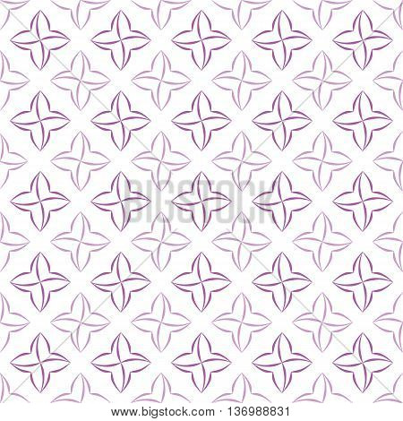 Grid pattern of violet stylized four-petal flowers on white background. Seamless repeat.