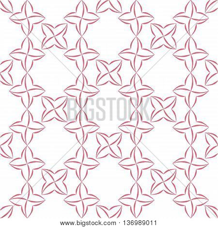 Trellis pattern of pink stylized four-petal flowers on white background. Seamless repeat.