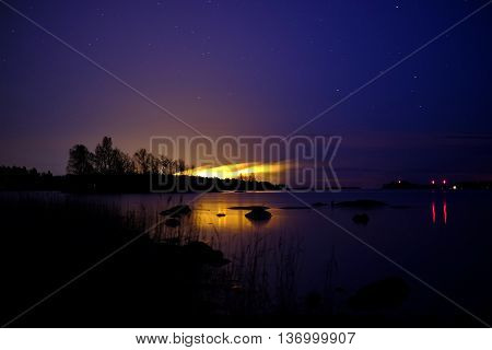 Night City With A Lake And A Starry Sky