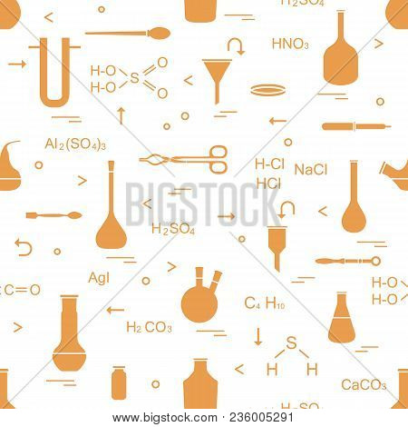 Pattern With Chemical, Biological, Scientific, Education And Research Elements: Flasks, Formulas, Be