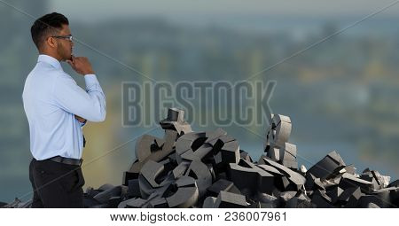 Broken concrete stone with money dollar symbol and businessman in cityscape