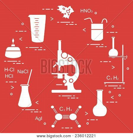 Chemistry Scientific, Education Elements: Microscope, Flasks, Tripod, Formulas, Beaker, Burner, Amoe