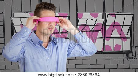 Business man in pink virtual reality headset against grey and pink hand drawn windows