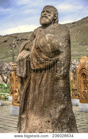 Oshakan,armenia,19 Februar,2018: Monument To The Founder Of Armenian Writing St.mesrop Mashtots On T
