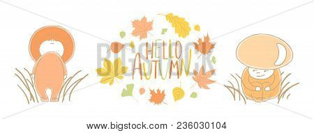 Hand Drawn Vector Illustration Of Mushrooms Red Capped Scaber Stalk, Saffron Milk Cap In Grass With 
