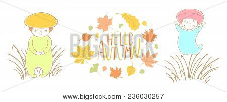 Hand Drawn Vector Illustration Of Cute Mushrooms Honey Fungus And Woolly Milk Cap In The Grass With 